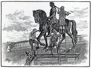 William III statue being painted black, Dublin, 1821